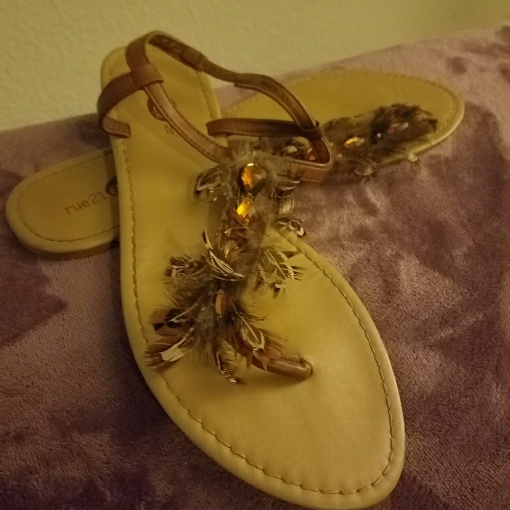 Bling and Feathered T-Strap Sandals